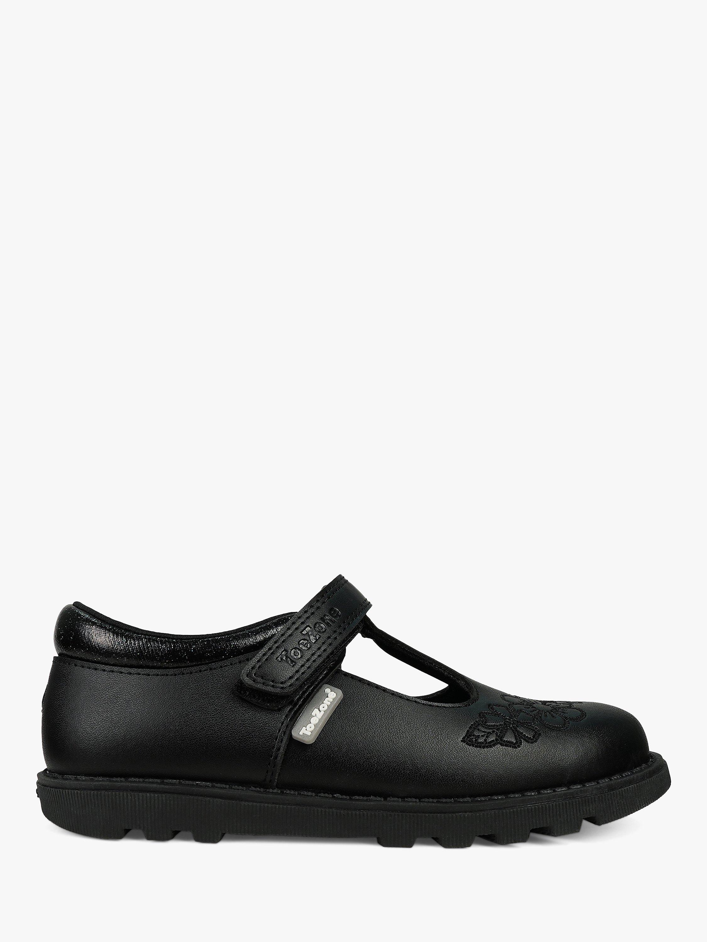 Product image 1 of 9, which shows ToeZone Kids' Kat Vegan Riptape Flower School Shoes, Black, 6 Jnr