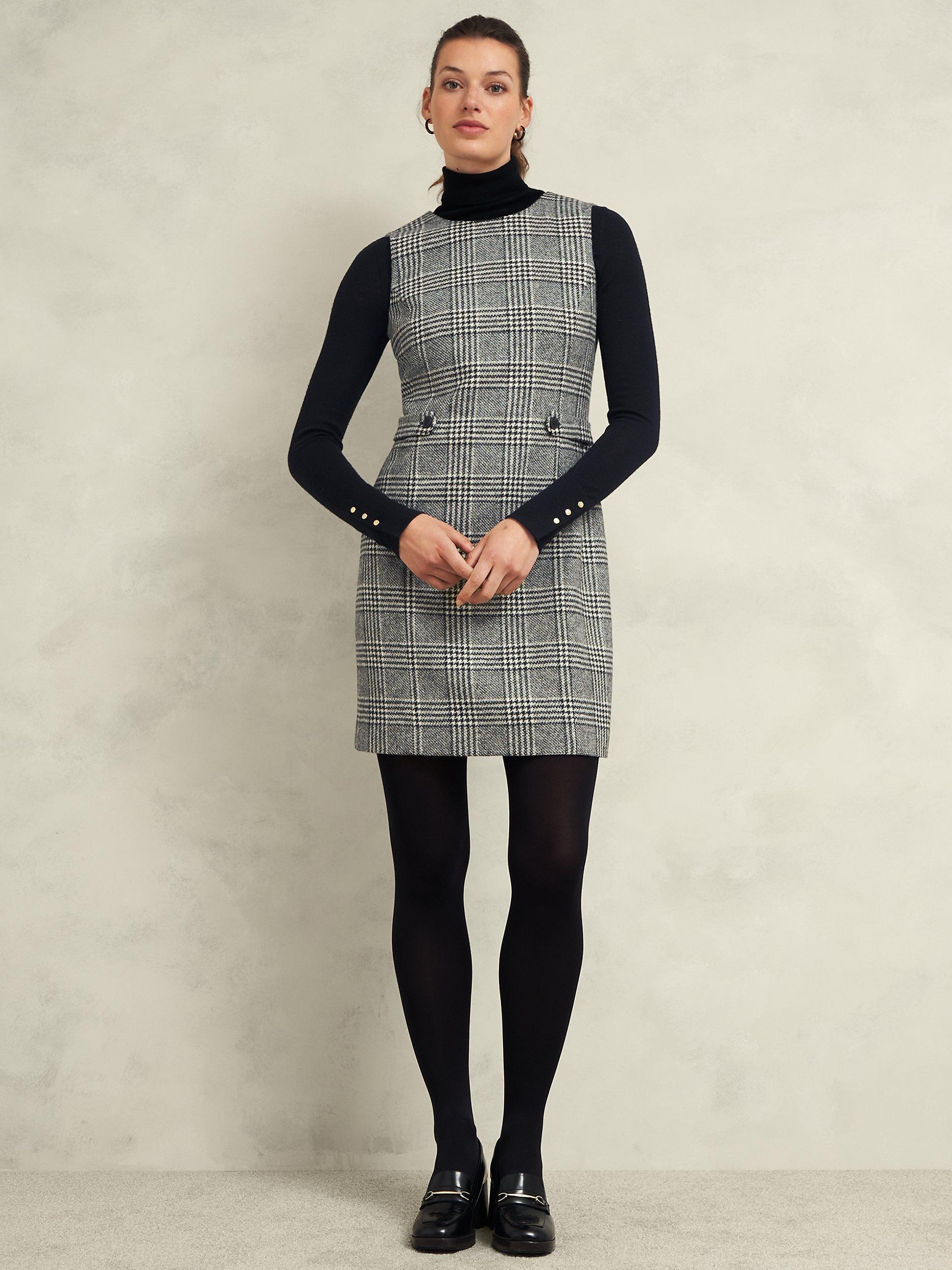 Product image 1 of 6, which shows Hobbs Brea Check Wool Dress, Black/White, 10