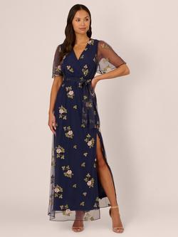 Adrianna Papell Embroidered Flutter Maxi Dress, Navy/Multi, Navy Multi