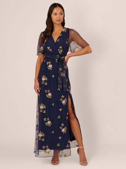 Adrianna Papell Embroidered Flutter Maxi Dress, Navy/Multi, Navy Multi