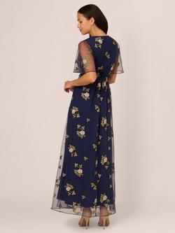 Adrianna Papell Embroidered Flutter Maxi Dress, Navy/Multi - view 2, Navy Multi