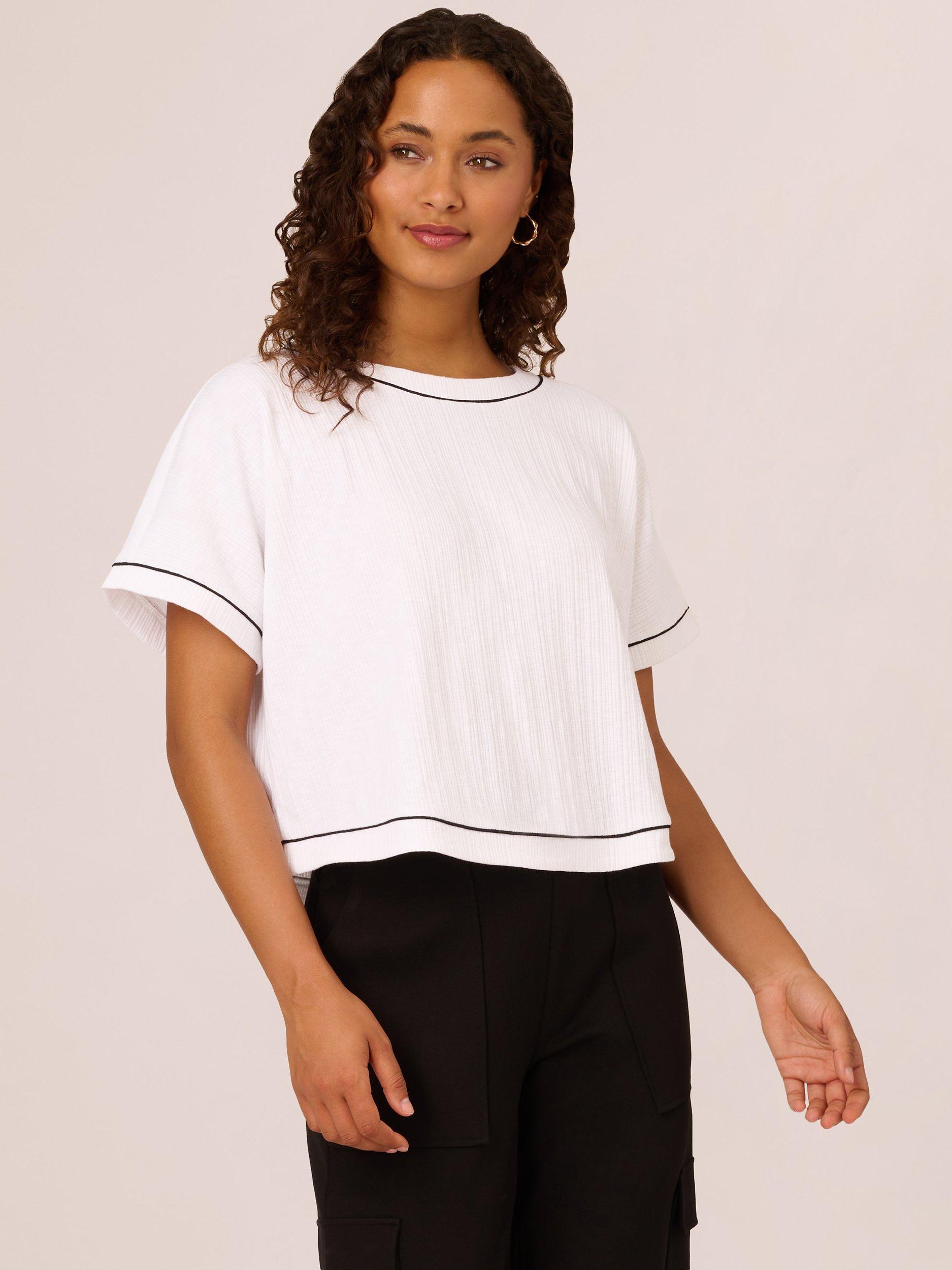 Product image 1 of 7, which shows Adrianna Papell Rib Knit Top, White/Black, XS
