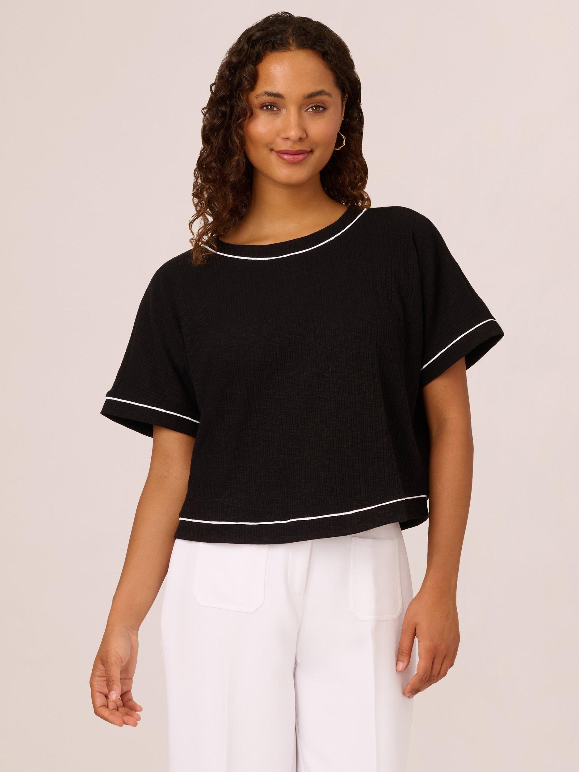 Product image 1 of 7, which shows Adrianna Papell Rib Knit Top, Black/White, L