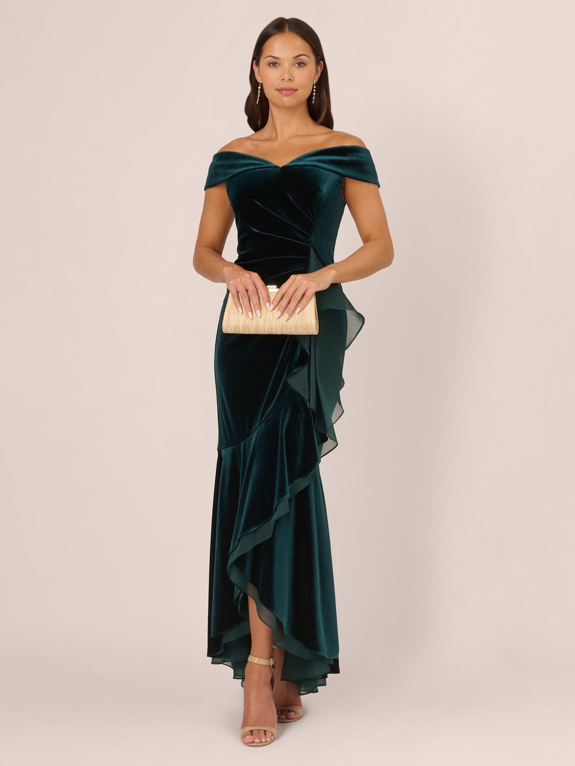 Product image 3 of 7, which shows Adrianna Papell Velvet Off The Shoulder Maxi Dress, Dark Emerald, 6