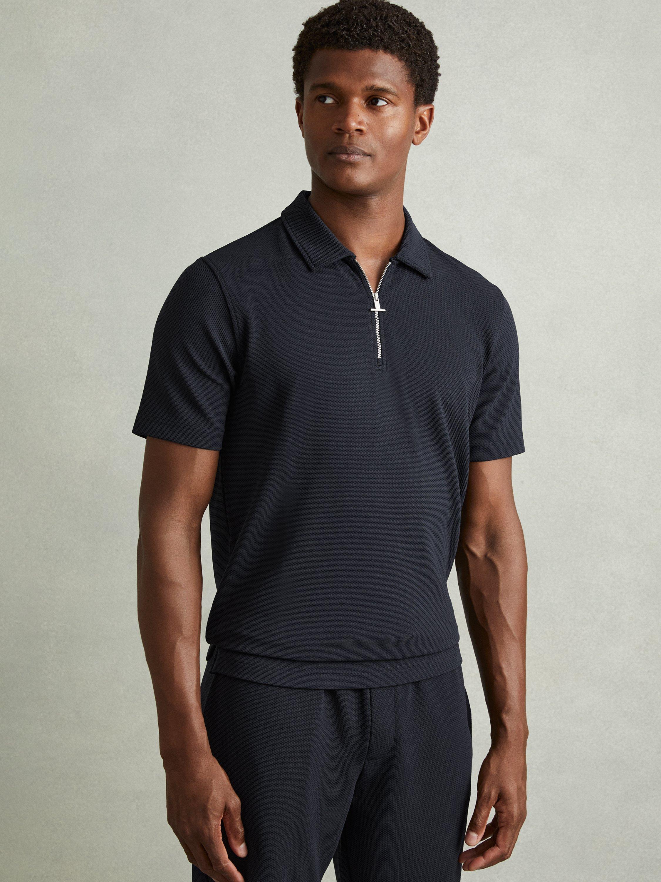 Reiss Albany Textured Zip-Neck Polo Shirt, Navy