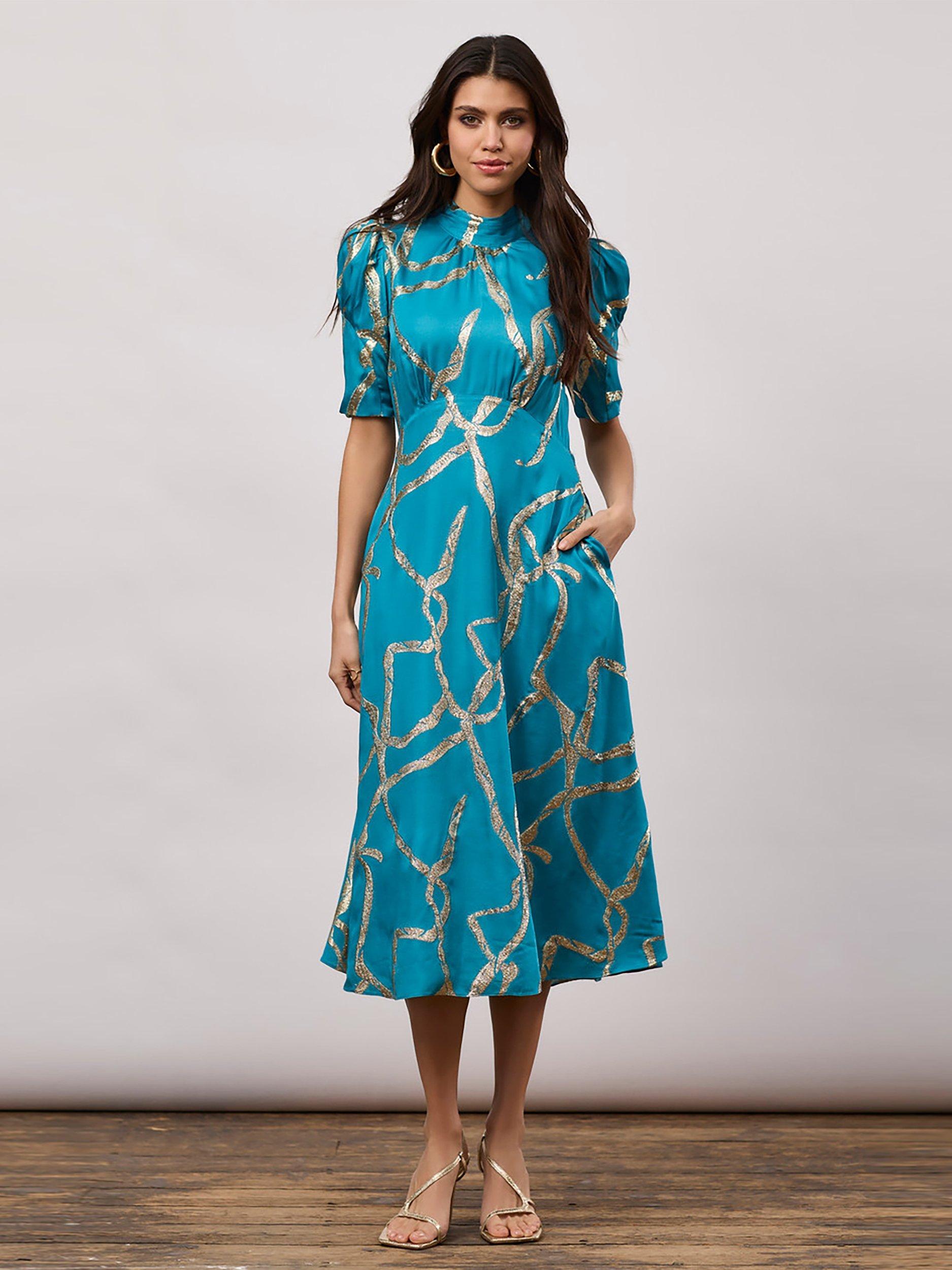 Closet London Abstract Print Midi Dress, Light Teal/Gold