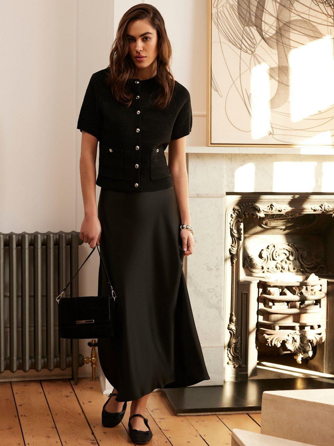 Product image 3 of 7, which shows Mint Velvet Satin Maxi Slip Skirt, Black, L