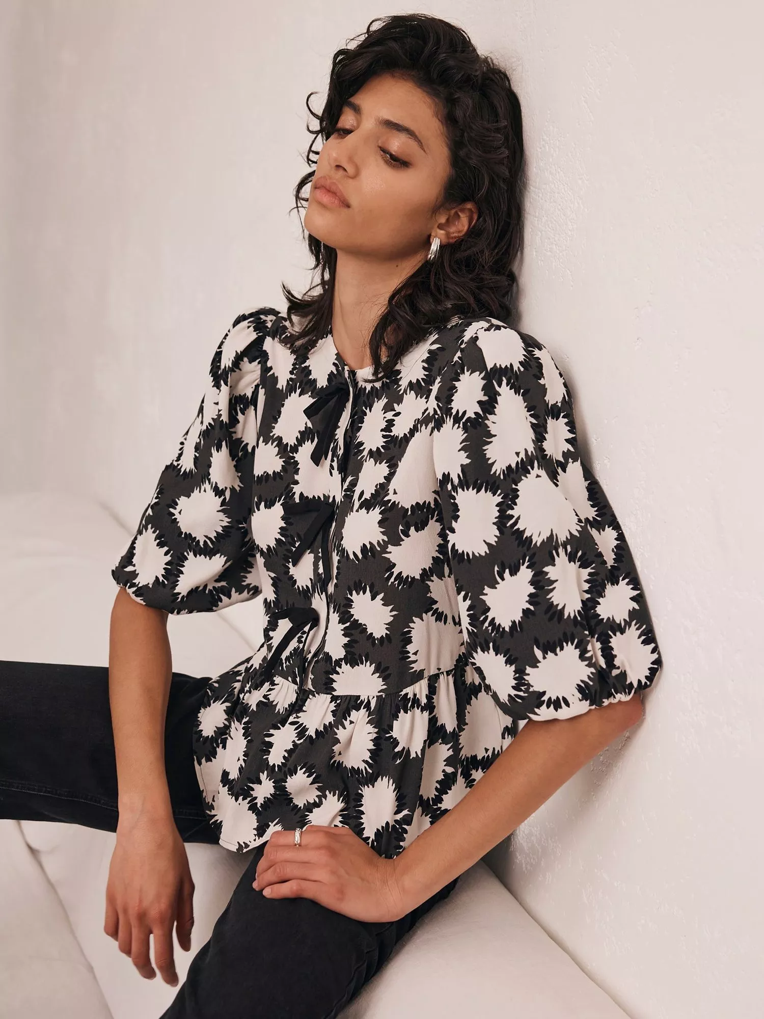 Mint Velvet Peplum Abstract Print Top Black Cream