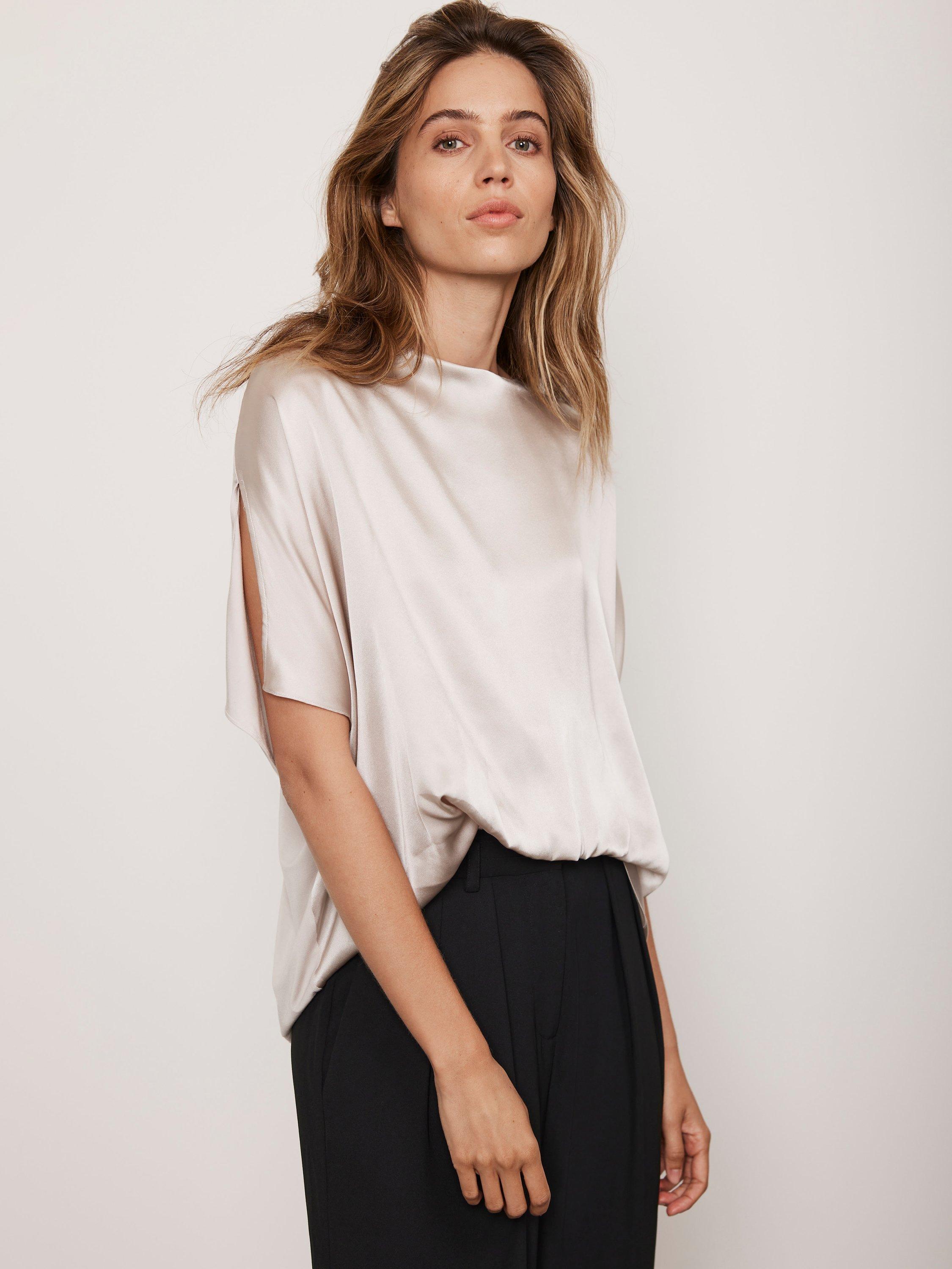 Product image 1 of 8, which shows Mint Velvet Silk Mix Blouson Top, Natural, L