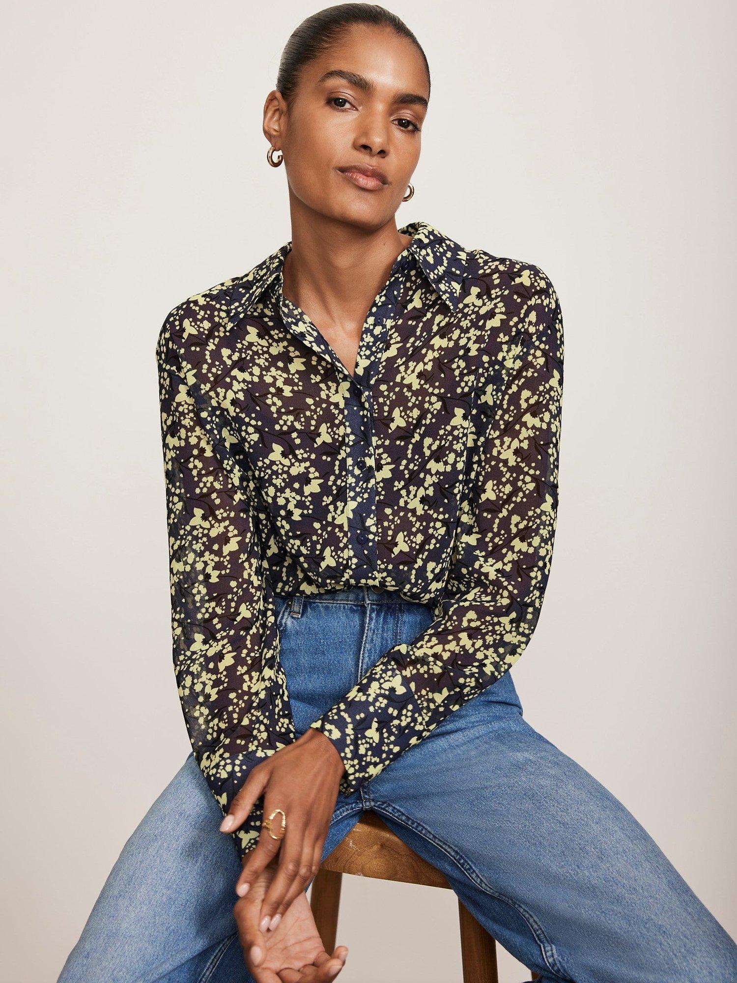 Mint Velvet Print Longline Shirt Blue Multi