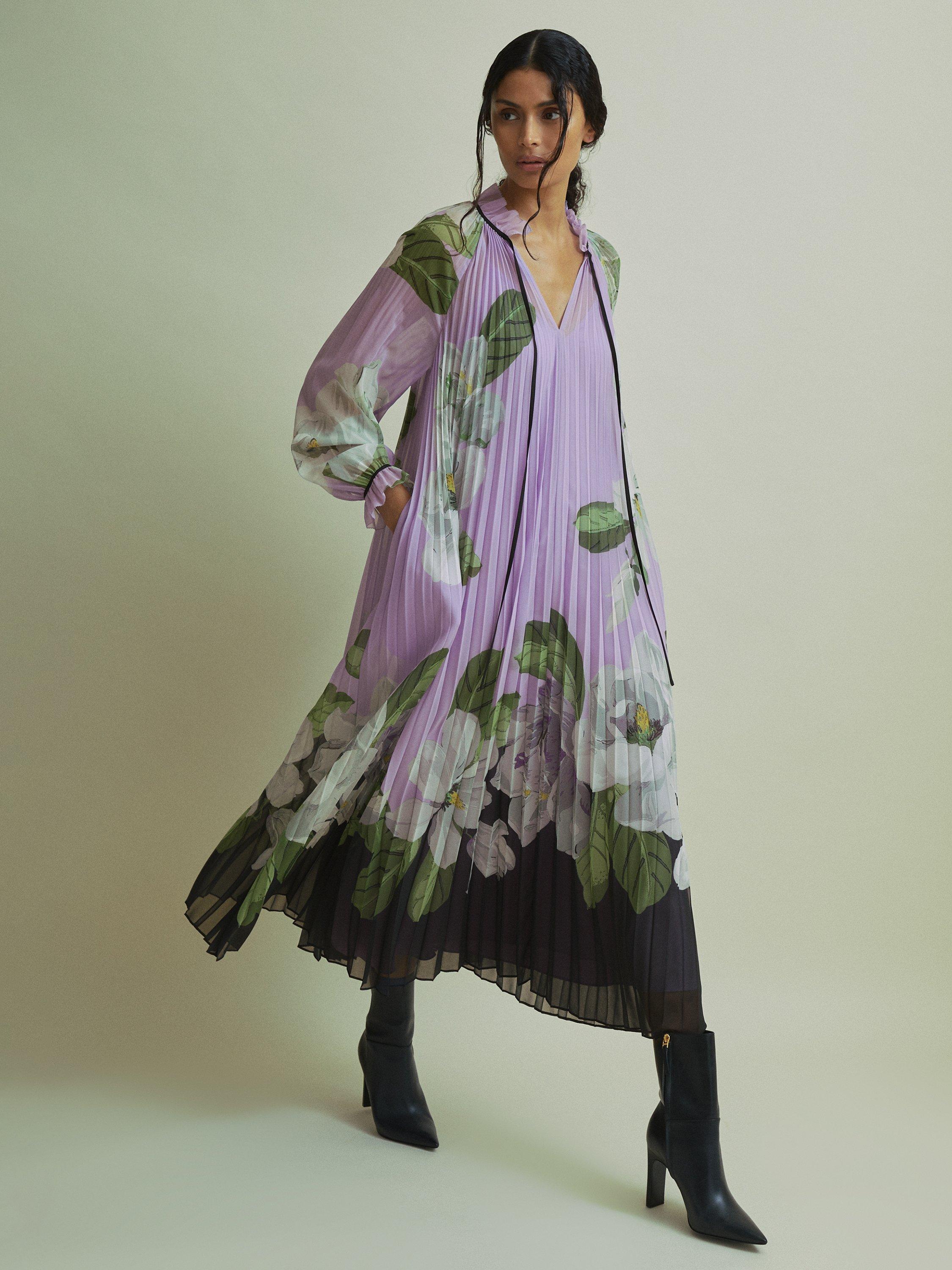 Product image 1 of 5, which shows FLORERE Floral Pleated Maxi Dress, Lilac/Multi, 10