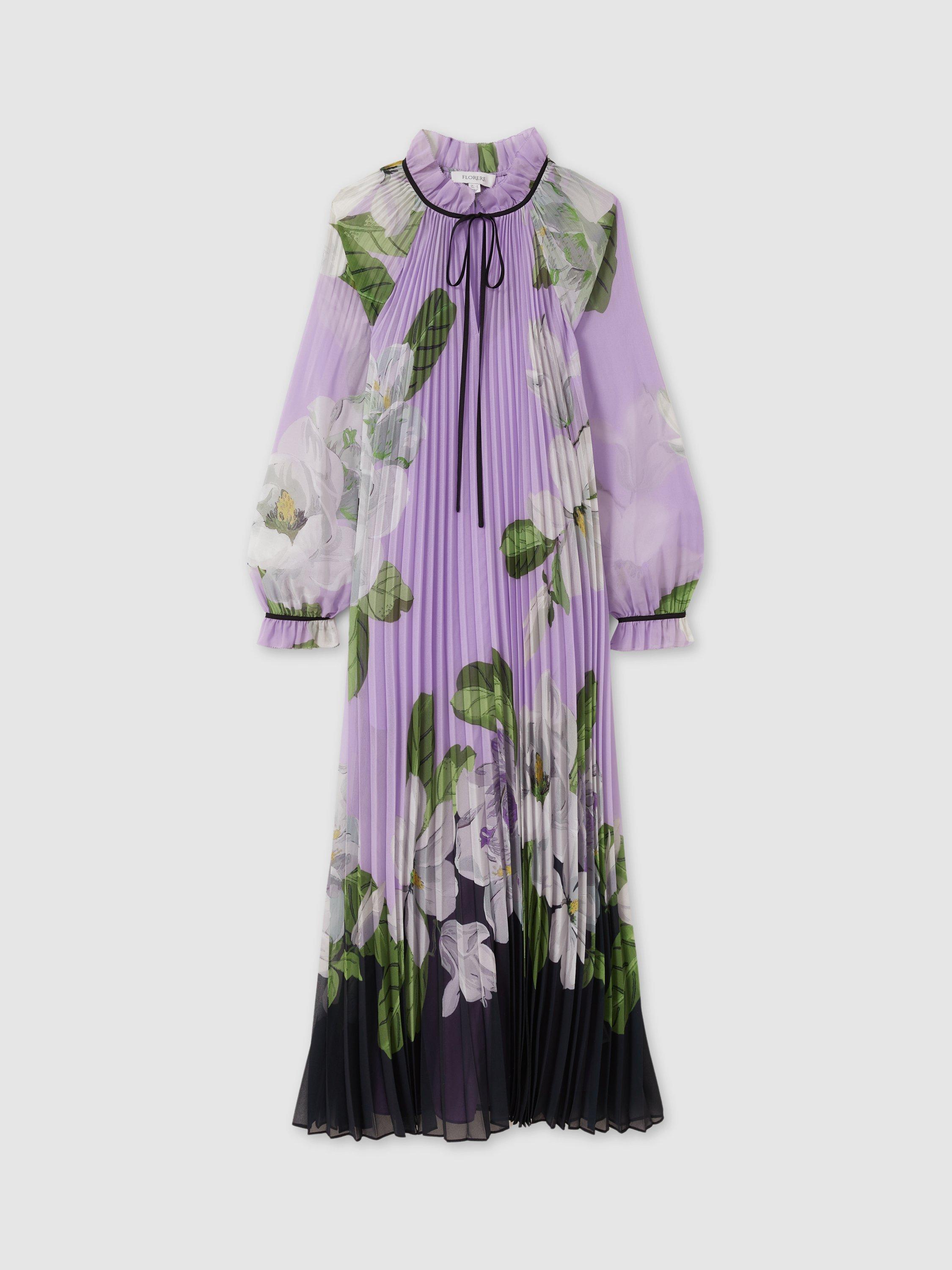 Lilac floral print high frill neckline pleated dress sale