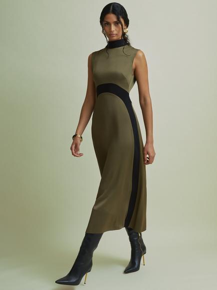 FLORERE Colour Block Midi Dress, Khaki/Black, Khaki/Black