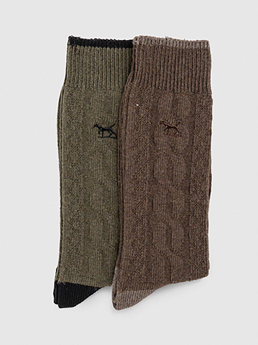 Product image 1 of 3, which shows Rodd & Gunn Dunedin Cotton Blend Cable Knit Socks, Pack of 2, Earth/ Olive, One Size