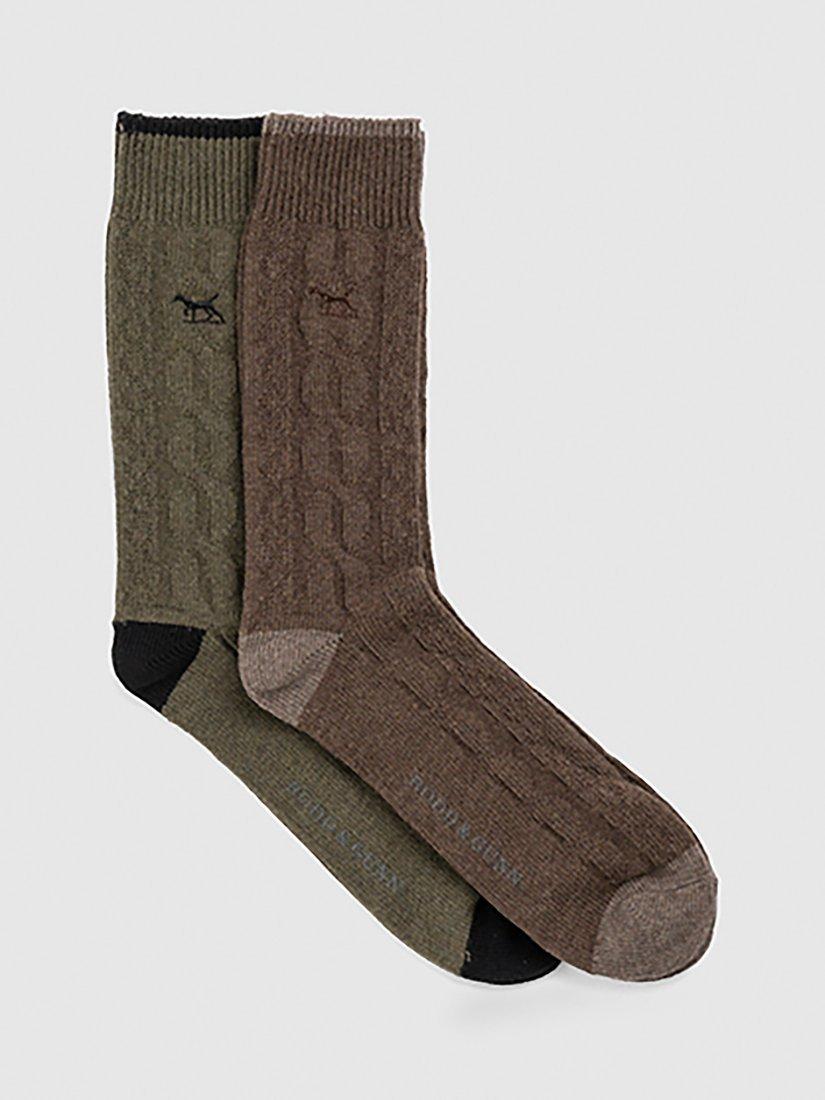 Product image 3 of 3, which shows Rodd & Gunn Dunedin Cotton Blend Cable Knit Socks, Pack of 2, Earth/ Olive, One Size