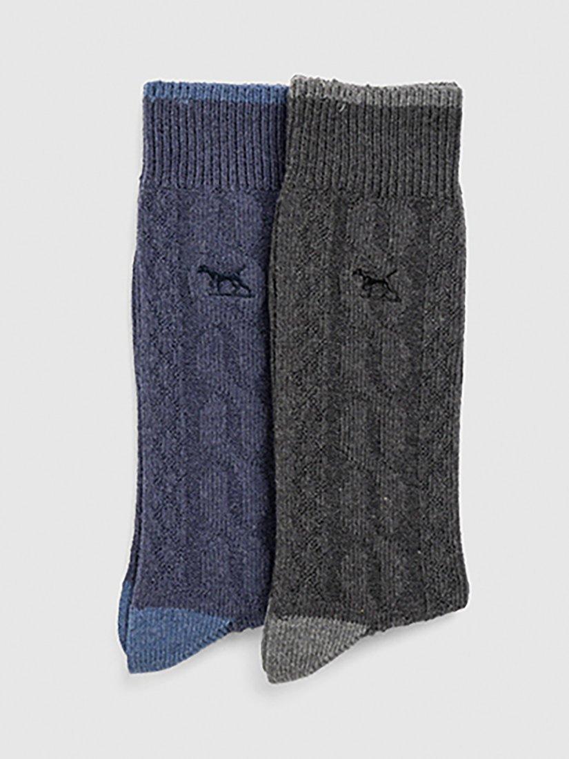 Product image 1 of 3, which shows Rodd & Gunn Dunedin Cotton Blend Cable Knit Socks, Pack of 2, Charcoal/Denim, One Size