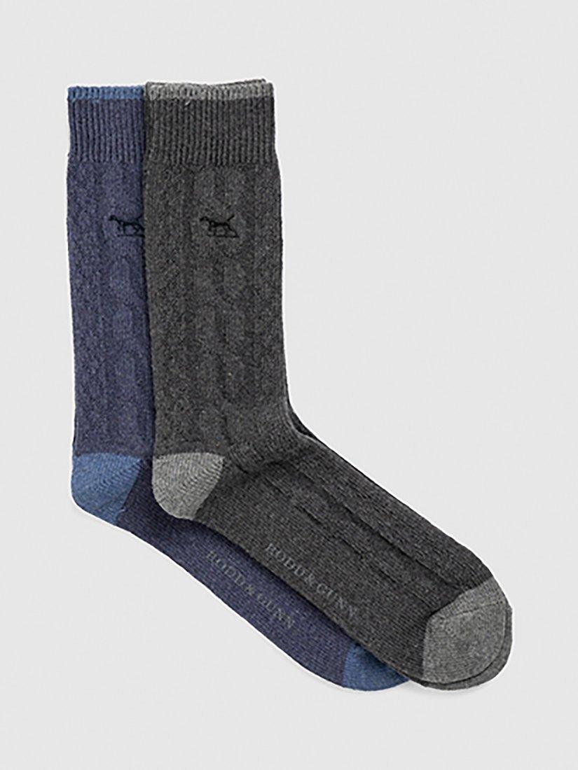 Product image 3 of 3, which shows Rodd & Gunn Dunedin Cotton Blend Cable Knit Socks, Pack of 2, Charcoal/Denim, One Size