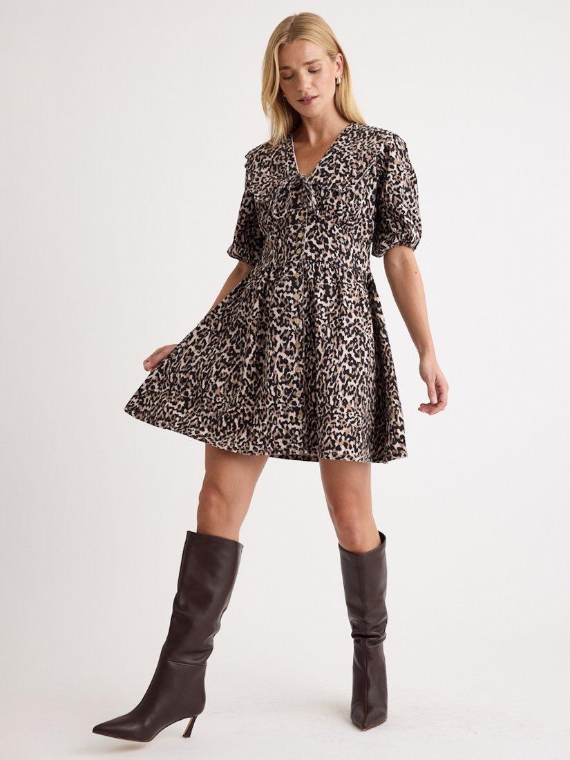 Product image 1 of 4, which shows Nobody's Child Birdie Leopard Print Short Sleeve Organic Cotton Mini Dress, Multi, 12