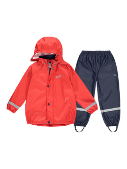 Muddy Puddles Kids' Waterproof Rainy Day Jacket & Trousers Set, Red/Navy, Red/Navy