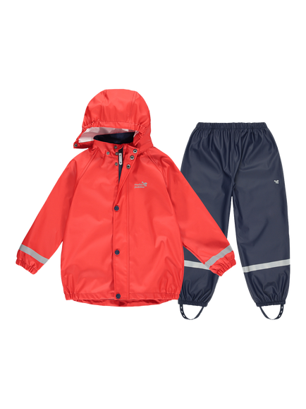 Muddy Puddles Kids' Waterproof Rainy Day Jacket & Trousers Set, Red/Navy, Red/Navy