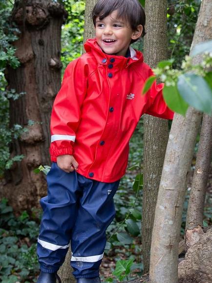 Muddy Puddles Kids' Waterproof Rainy Day Jacket & Trousers Set, Red/Navy - view 2, Red/Navy
