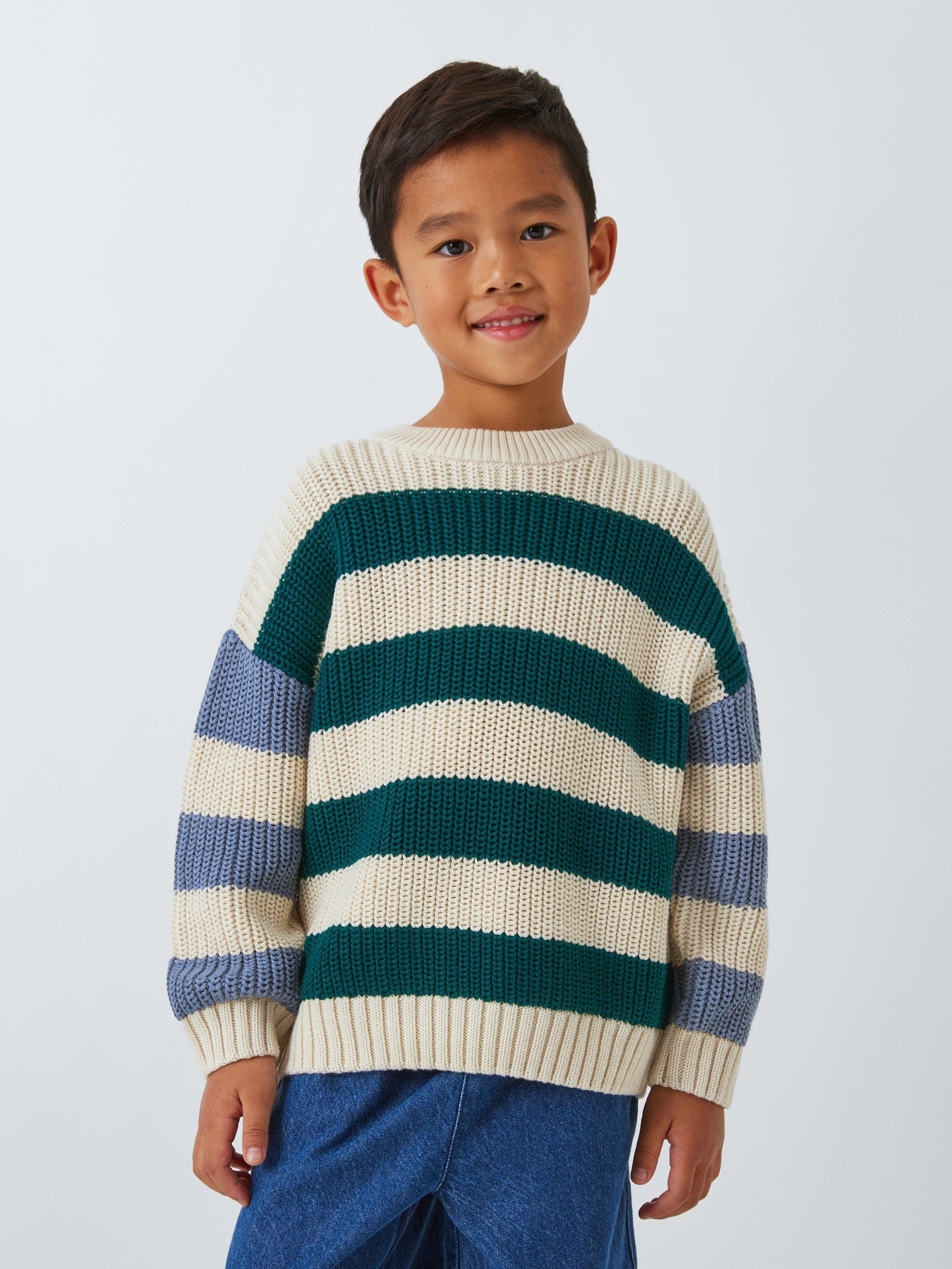 John Lewis ANYDAY Kids' Knit Two Tone Stripe Jumper, Green/Blue