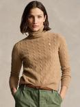 Polo Ralph Lauren Logo Cable Knit Wool Cashmere Jumper, Camel Melange