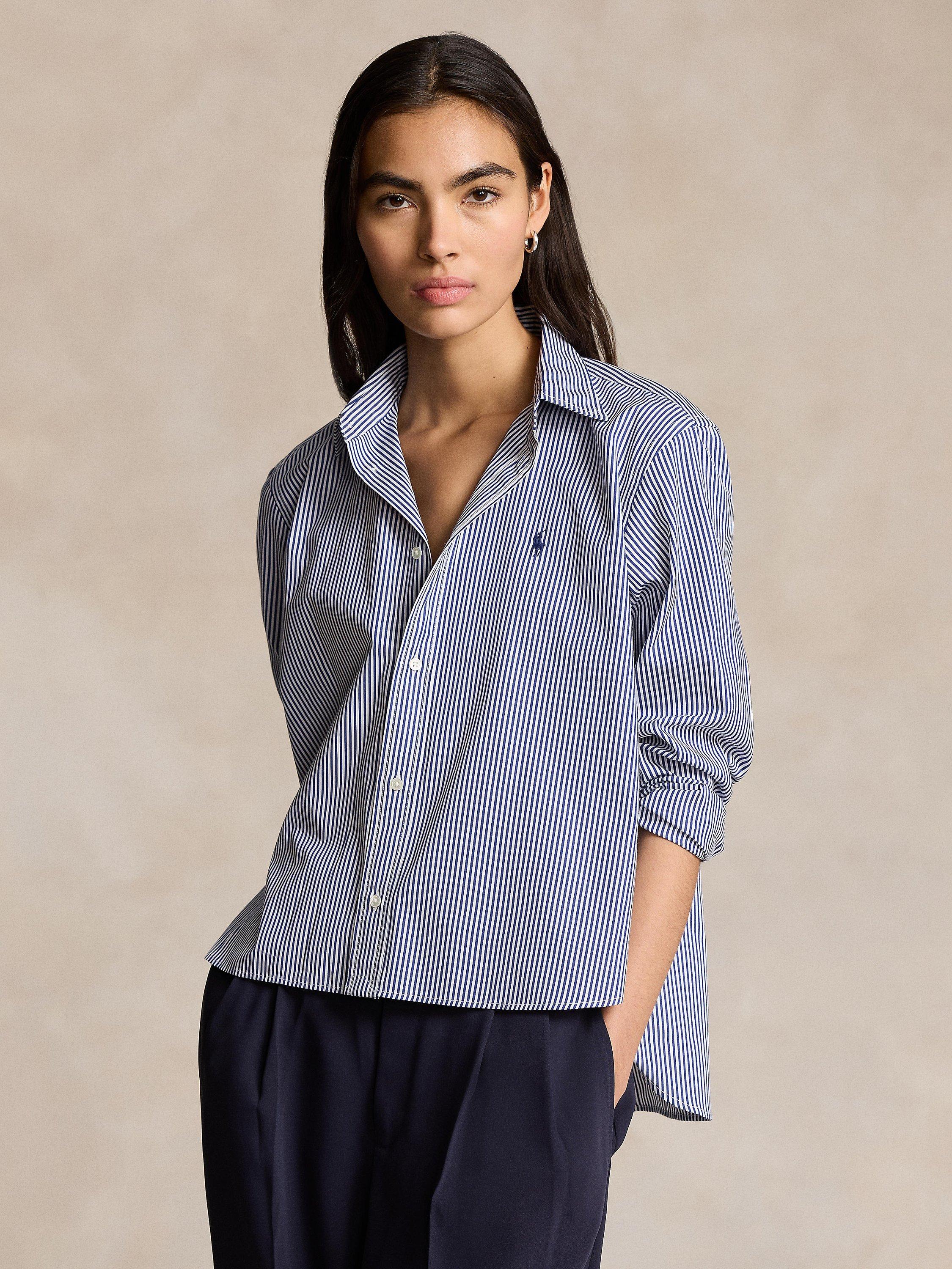 Product image 1 of 5, which shows Polo Ralph Lauren Oversize Stripe Shirt, White/Royal, XS