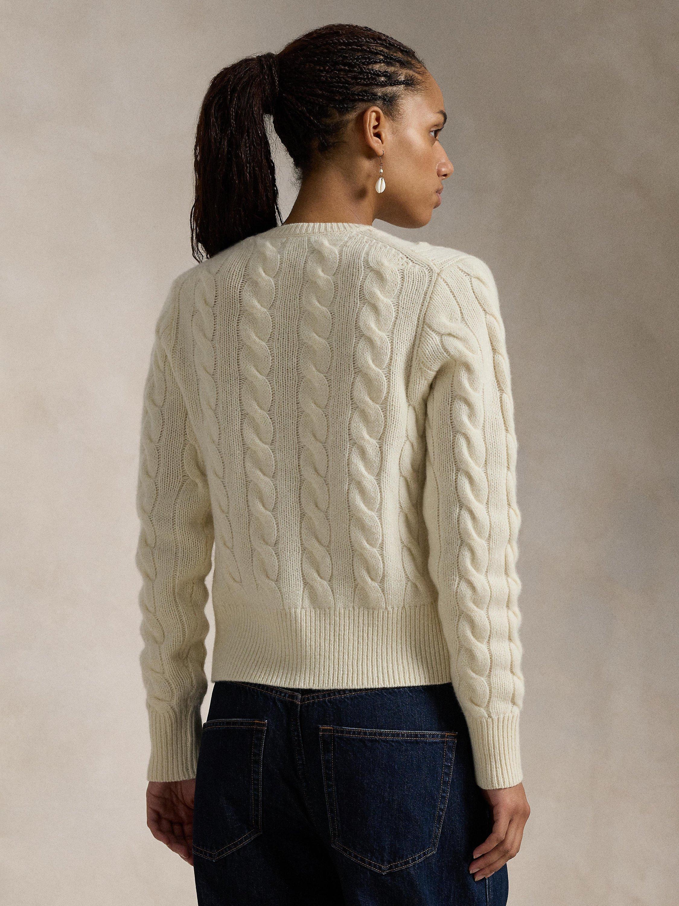 Product image 2 of 5, which shows Polo Ralph Lauren Cable Knit Logo Wool Cashmere Cardigan, Authentic Cream, XS