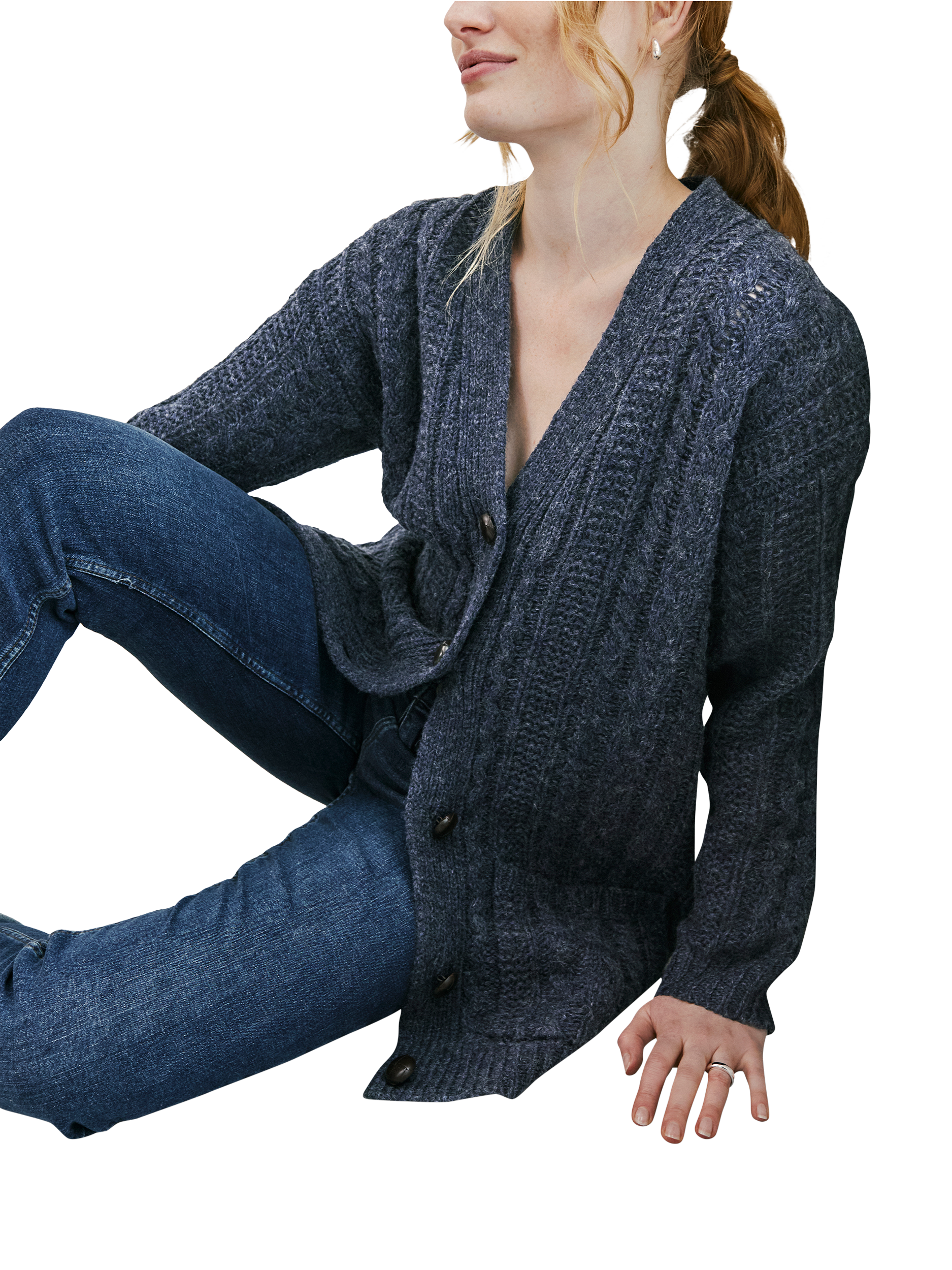 Celtic Co. Cable Knit Boyfriend Wool Cardigan Navy Marl