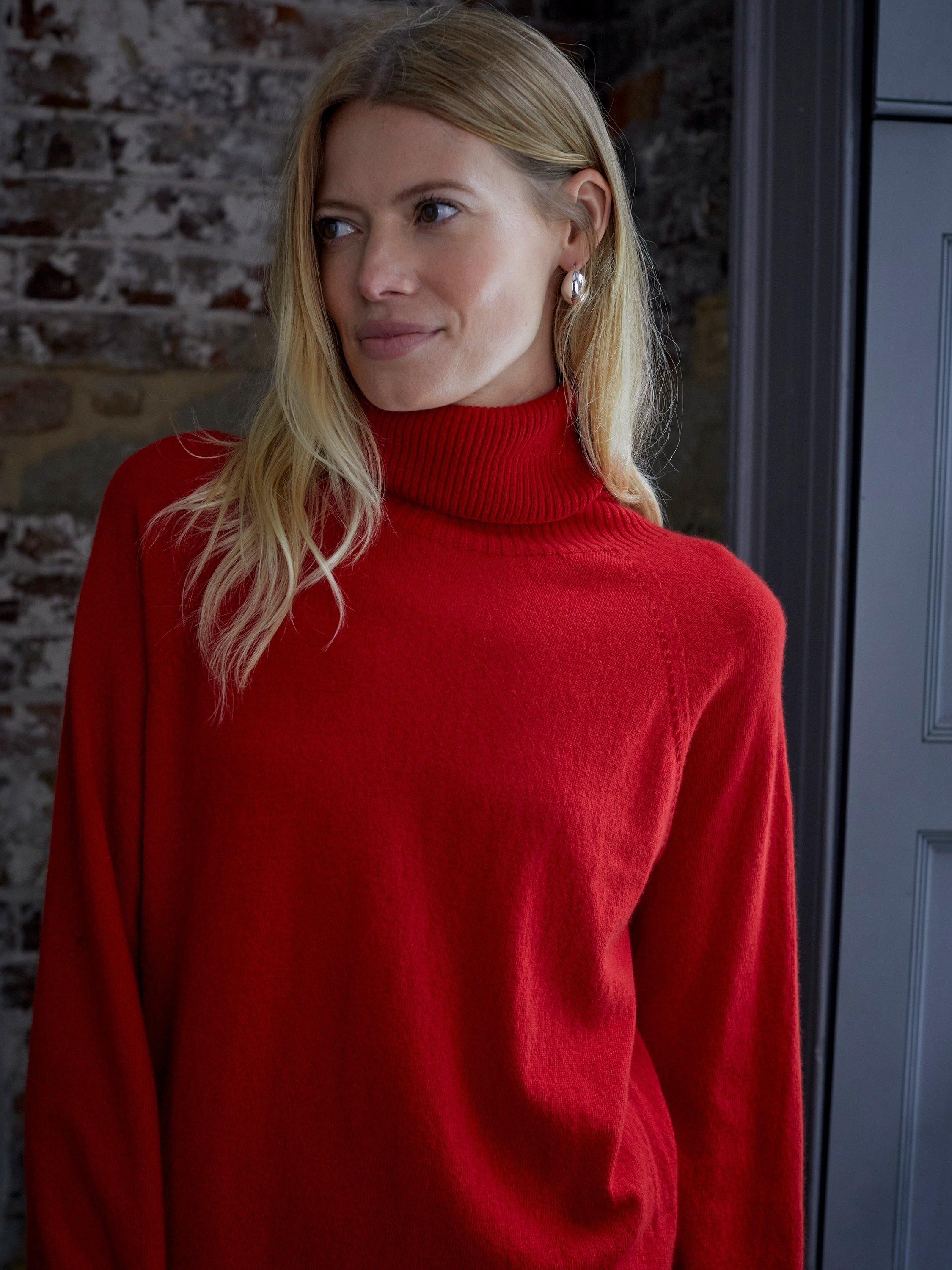 Product image 2 of 6, which shows Celtic & Co. Geelong Wool Roll Neck Jumper Dress, Pillarbox Red, XS
