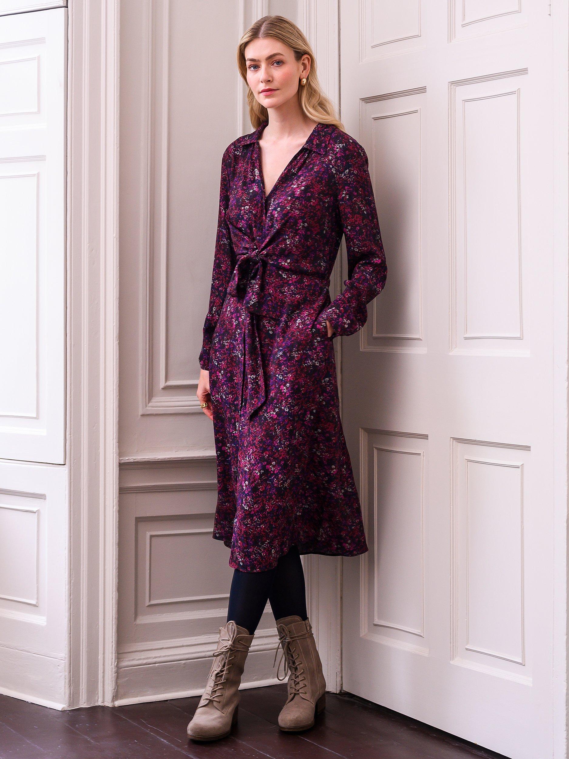 Product image 1 of 7, which shows Celtic & Co. Print Tie Front Shirt Dress, Multi, 8