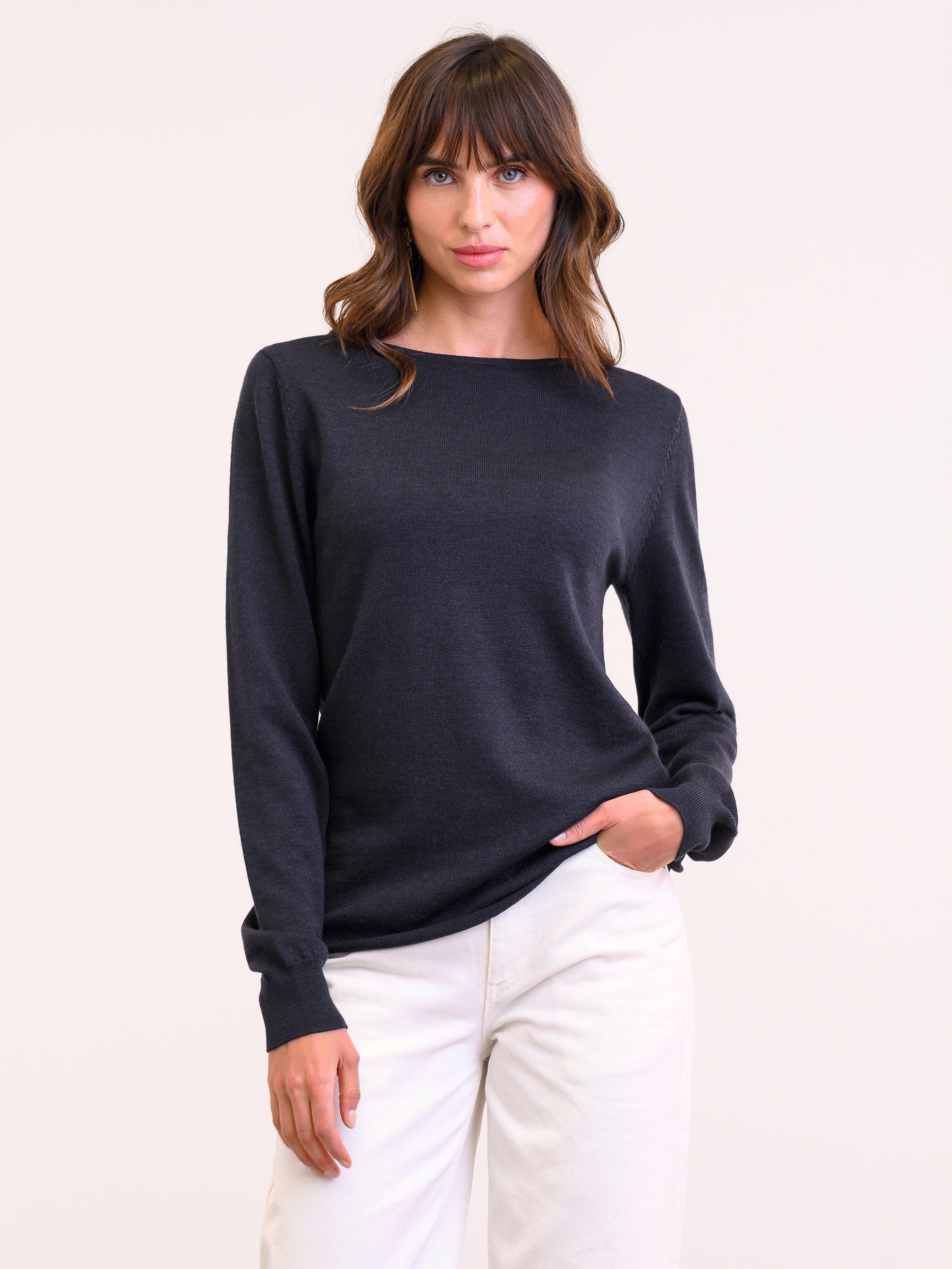 Product image 1 of 5, which shows Celtic & Co. Boat Neck Fine Knit Merino Wool Jumper, Dark Navy, XS