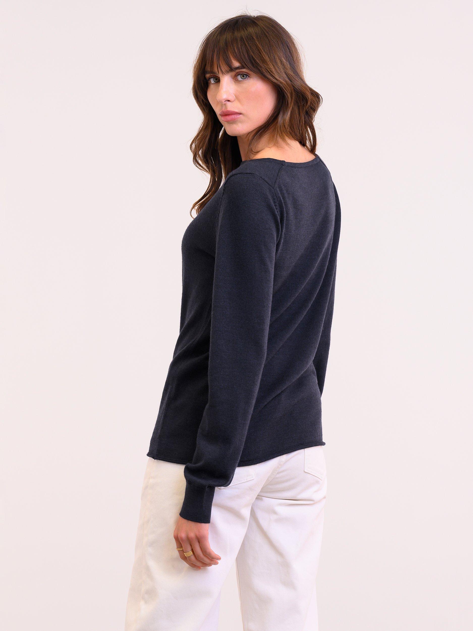 Product image 2 of 5, which shows Celtic & Co. Boat Neck Fine Knit Merino Wool Jumper, Dark Navy, XS