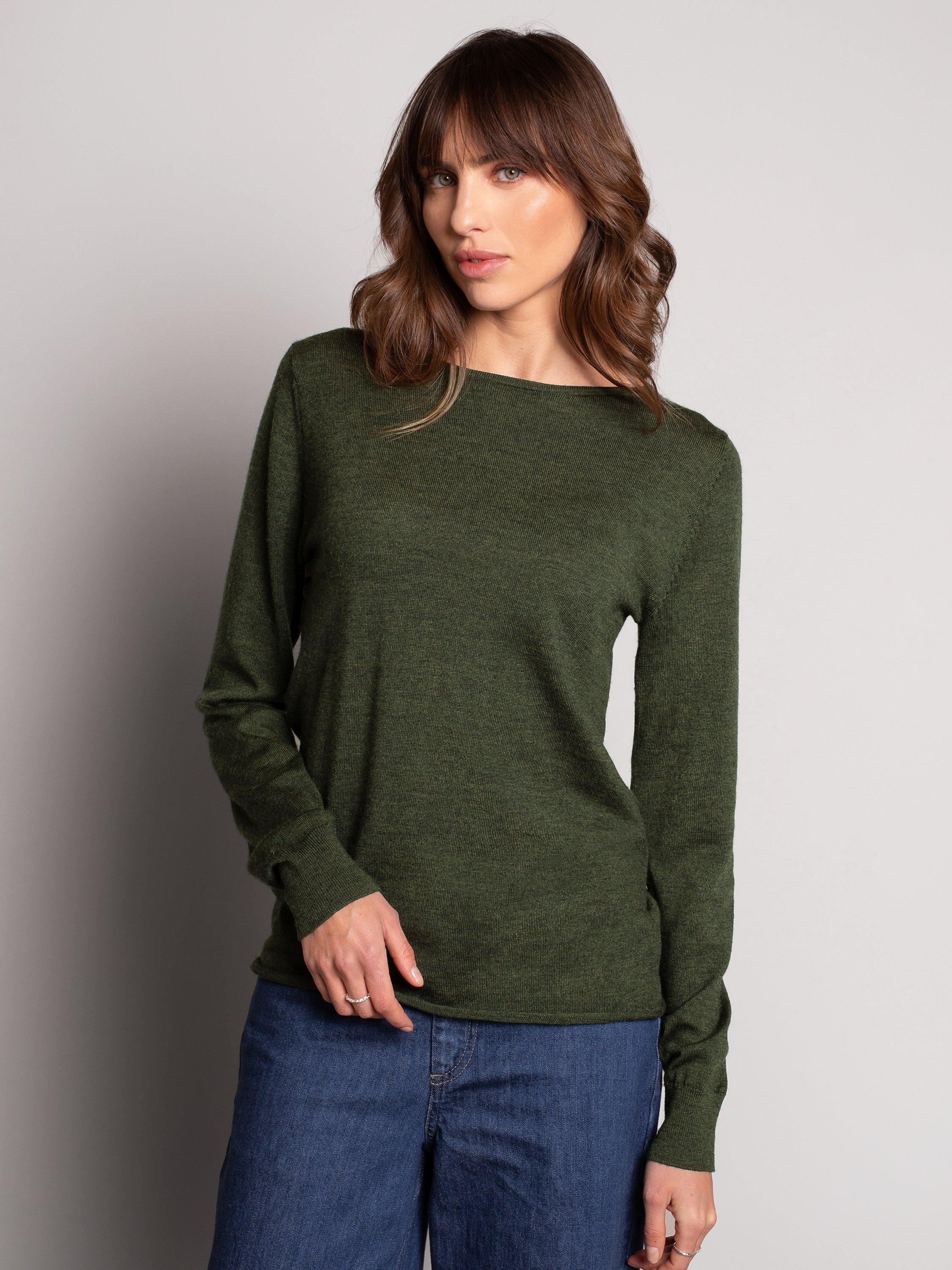Product image 1 of 8, which shows Celtic & Co. Boat Neck Fine Knit Merino Wool Jumper, Olive, XS