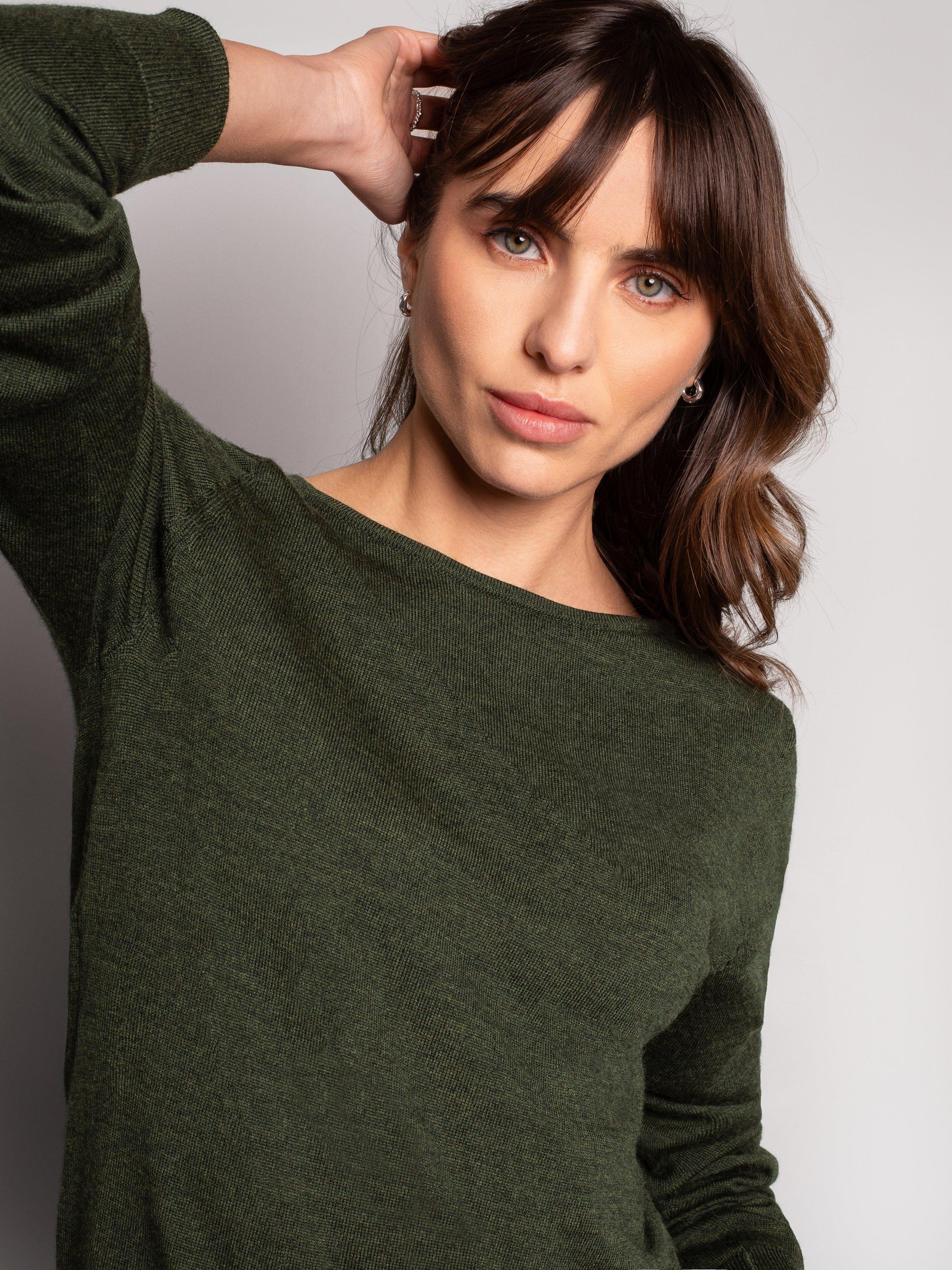 Product image 4 of 8, which shows Celtic & Co. Boat Neck Fine Knit Merino Wool Jumper, Olive, XS