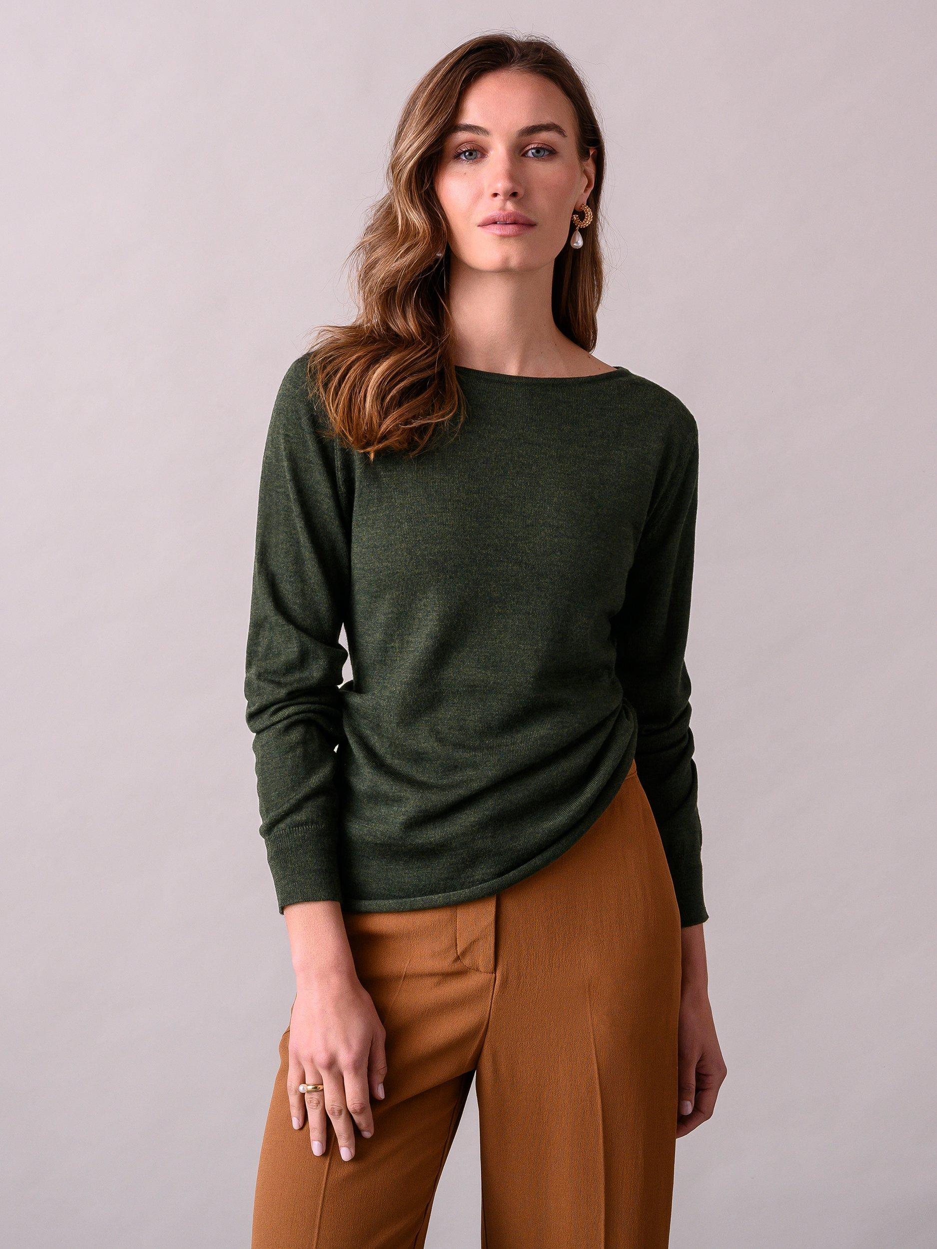 Product image 5 of 8, which shows Celtic & Co. Boat Neck Fine Knit Merino Wool Jumper, Olive, XS