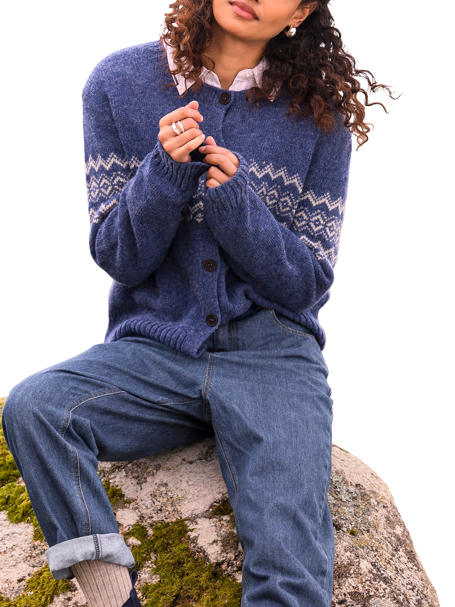 Product image 1 of 5, which shows Celtic & Co. Fair Isle Wool Cardigan, Indigo, XS