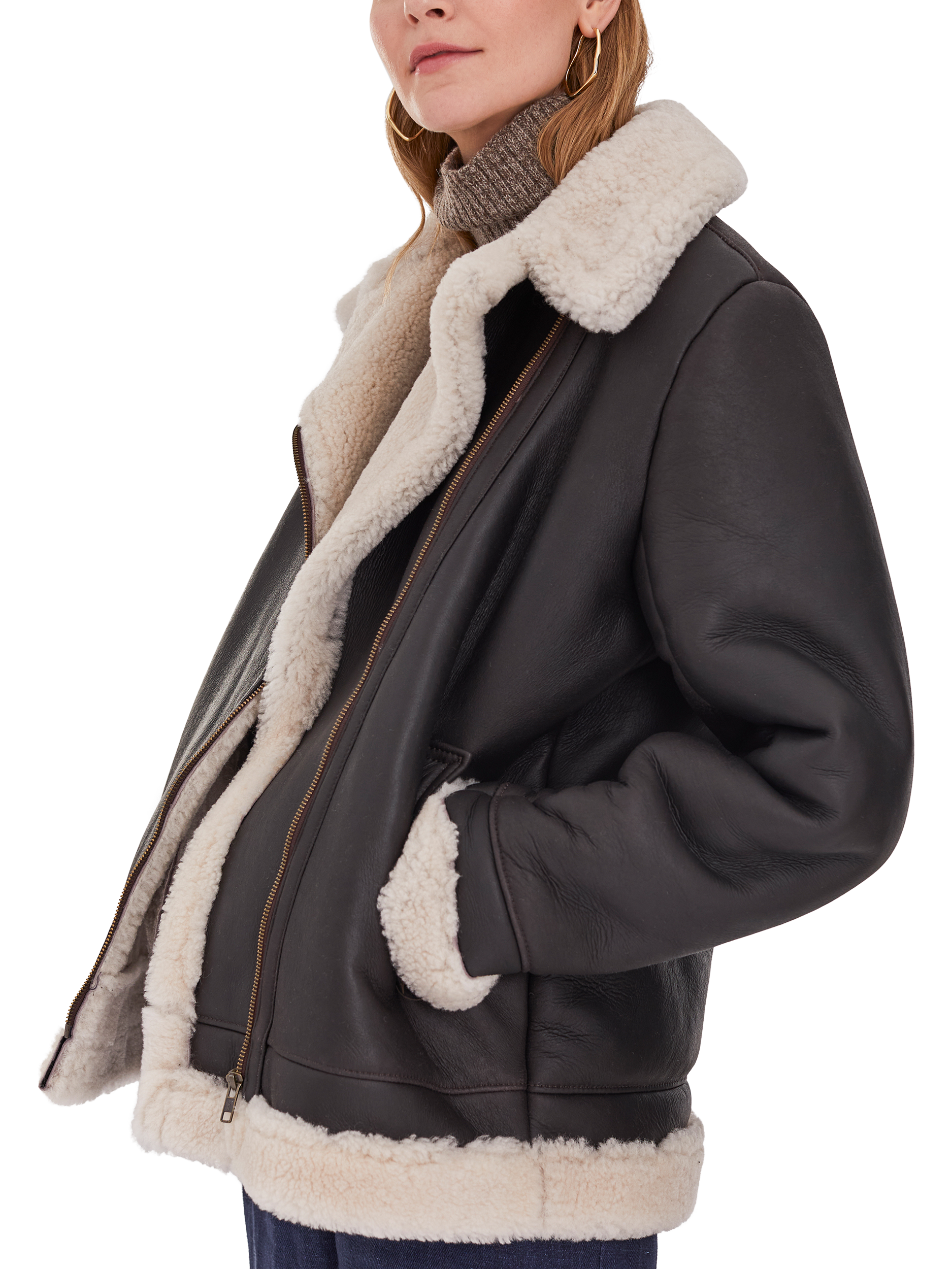 Celtic & Co. Sheepskin Biker Jacket, Brown/Cream