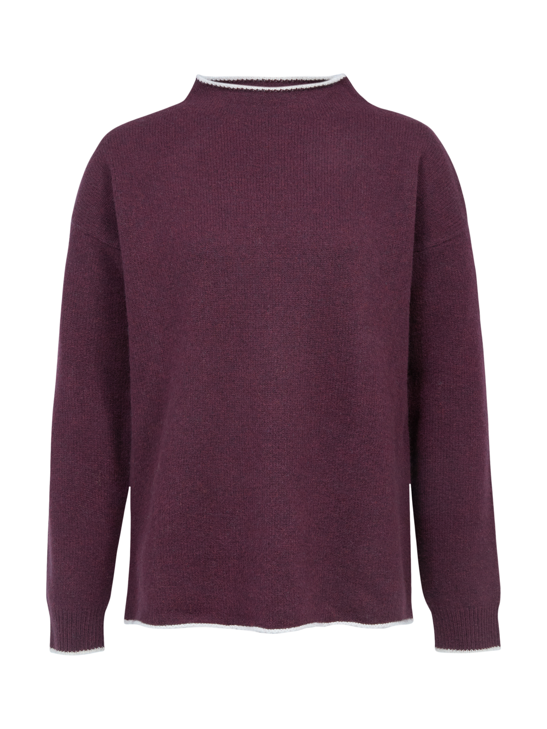 Product image 2 of 6, which shows Celtic & Co. Merino Wool Felted Funnel Neck Jumper, Damson, XS