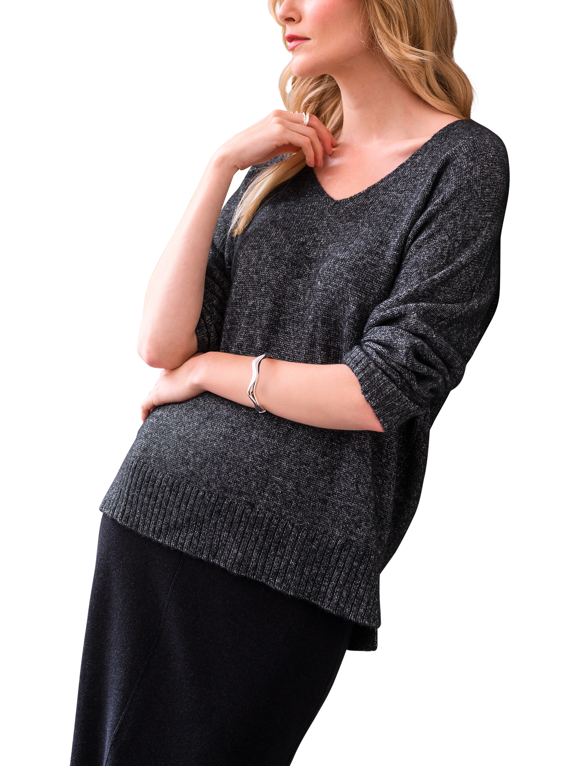 Product image 1 of 5, which shows Celtic & Co. Alpaca Blend Shimmer V-Neck Jumper, Charcoal, XS