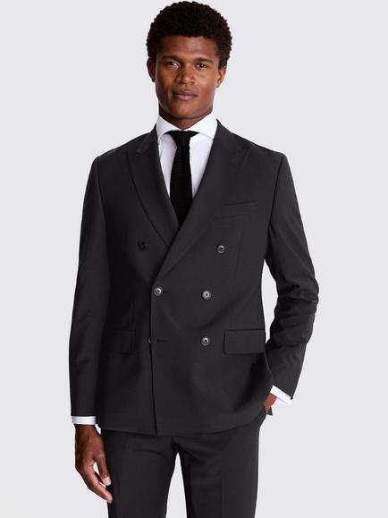 Moss Tailored Fit Wool Blend Performance Double Breasted Suit Jacket, Black