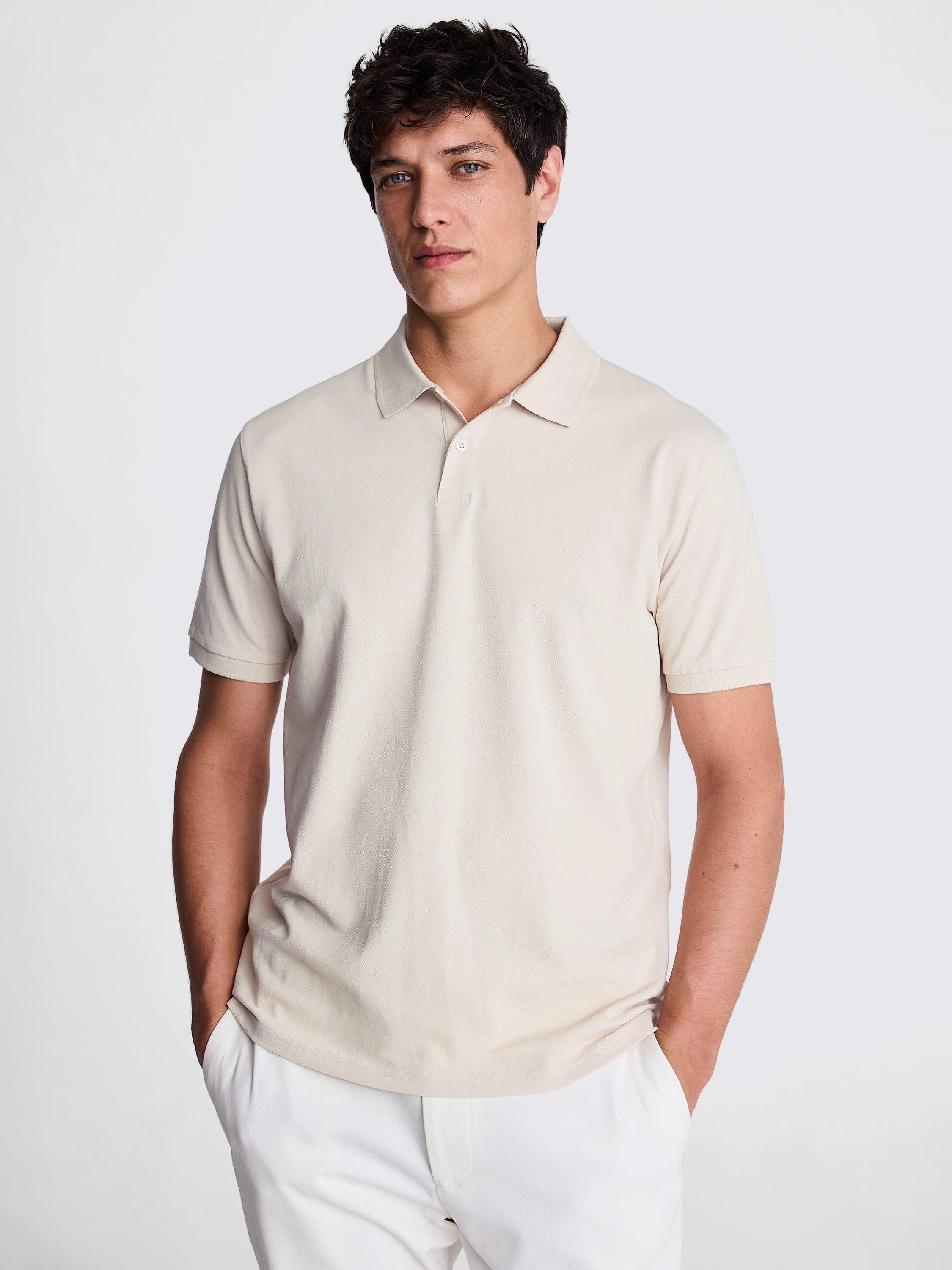 Product image 1 of 5, which shows Moss Pique Short Sleeve Polo Shirt, Ecru, S