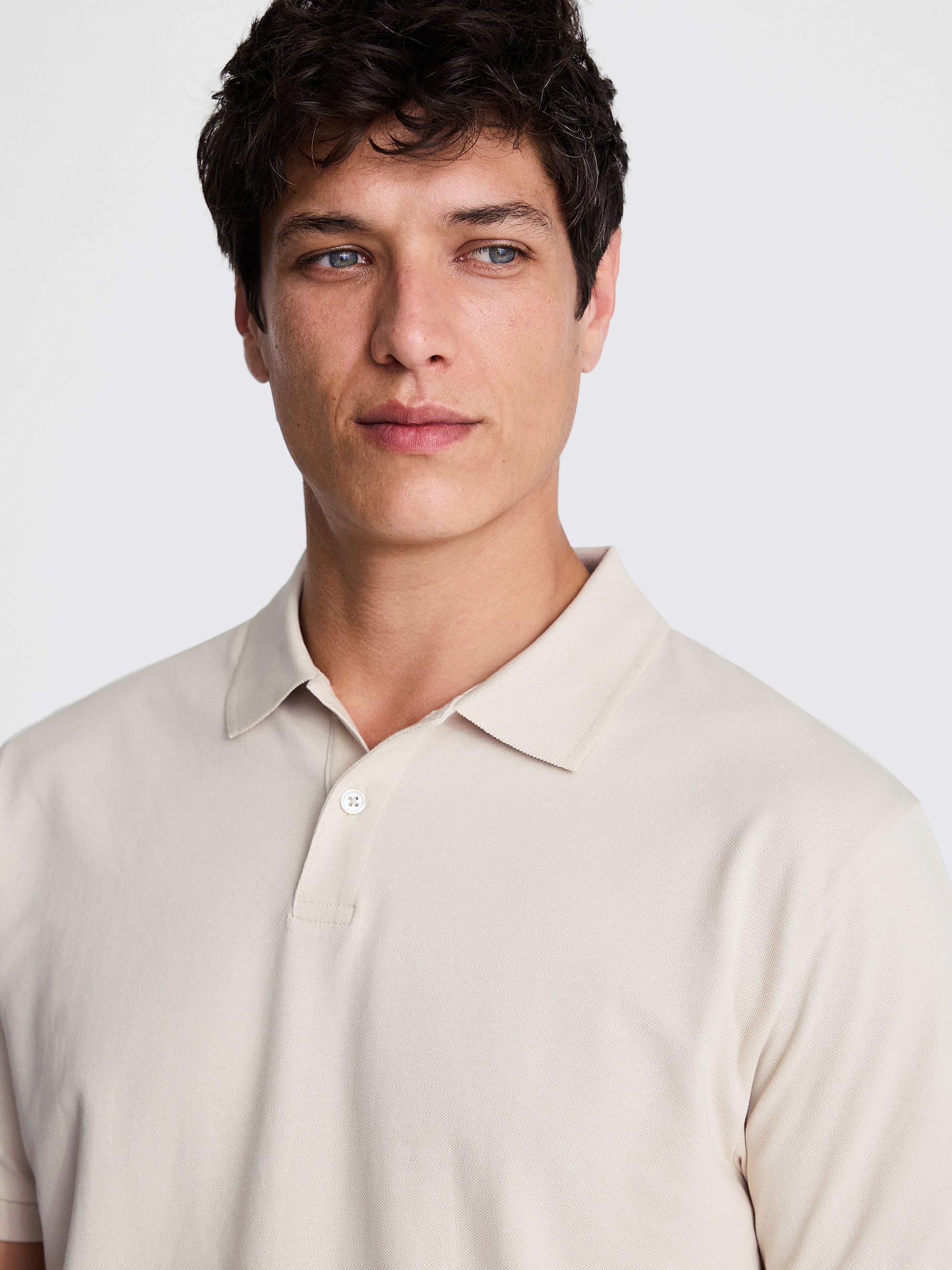 Product image 3 of 5, which shows Moss Pique Short Sleeve Polo Shirt, Ecru, S