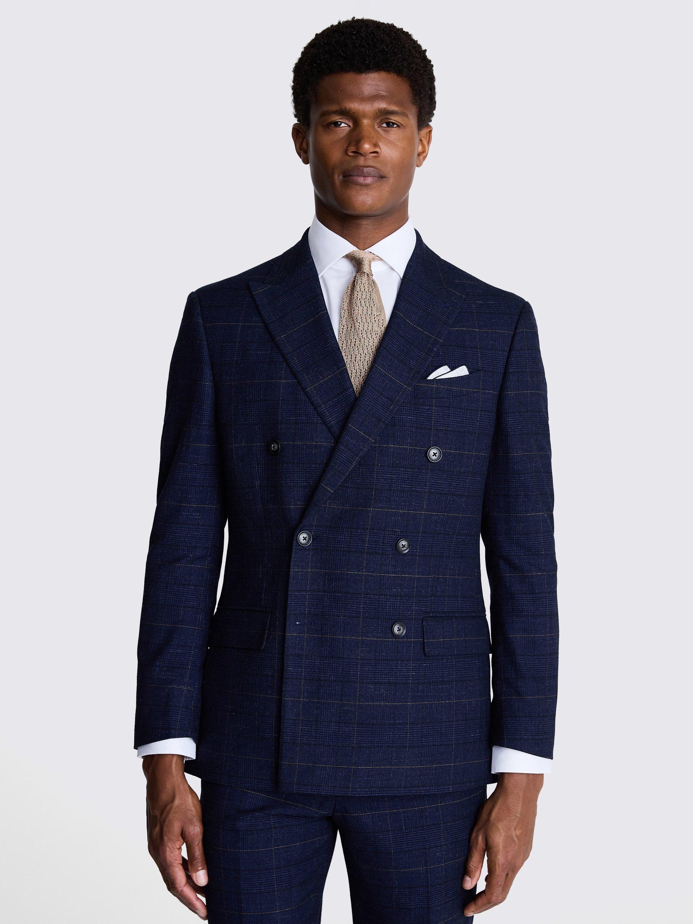 Product image 1 of 6, which shows Moss Tailored Fit Double-Breasted Check Suit Jacket, Navy/Multi, 36S