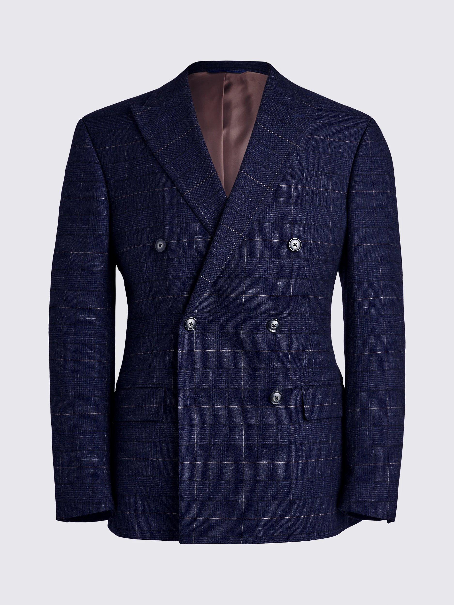 Product image 5 of 6, which shows Moss Tailored Fit Double-Breasted Check Suit Jacket, Navy/Multi, 36S