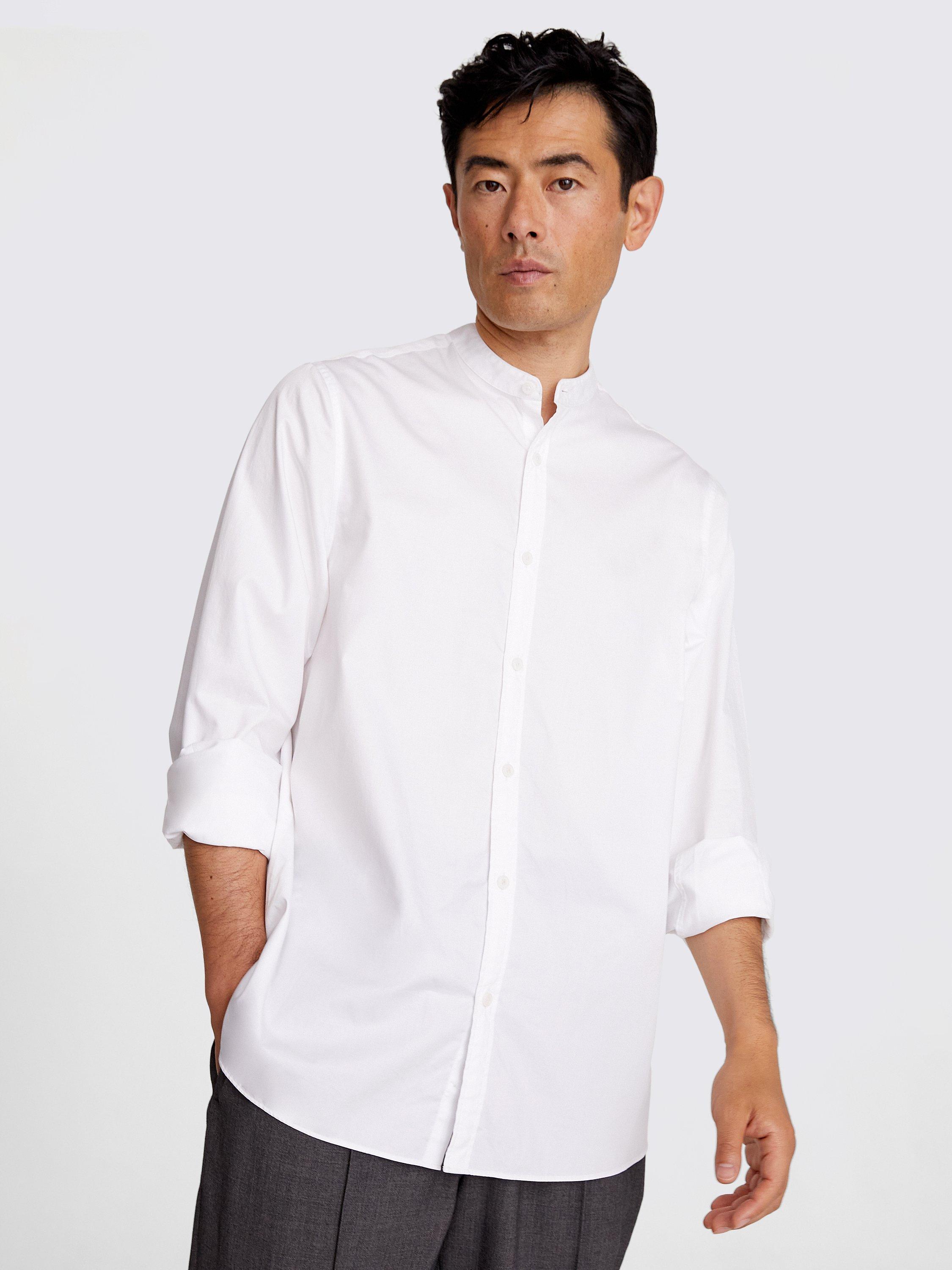 Product image 1 of 4, which shows Moss Fine Twill Collarless Shirt, White, S