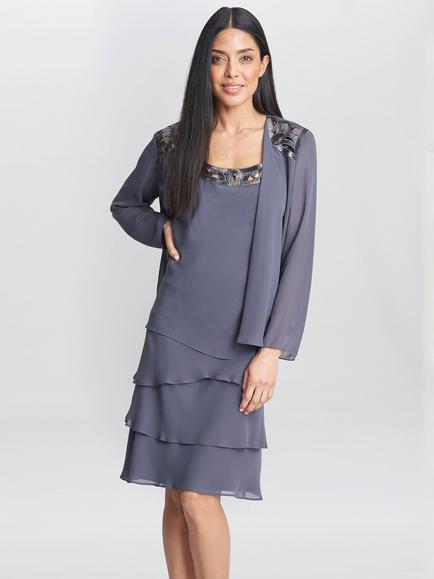 Gina Bacconi Leigh Embellished Tiered Sequin Jacket Dress, Steel, Steel