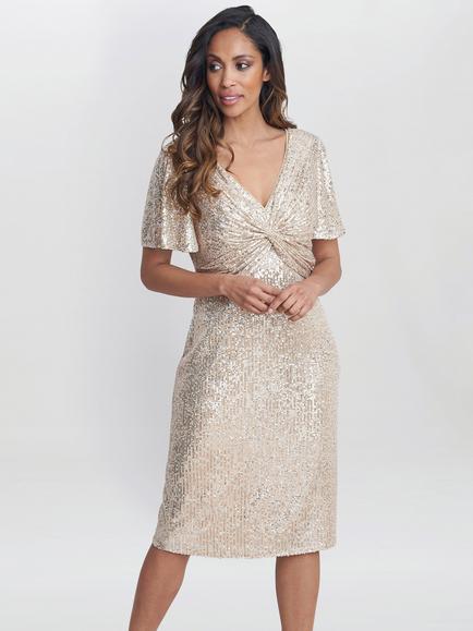 Gina Bacconi Krista V-Neck Twist Sequin Dress, Taupe, Taupe