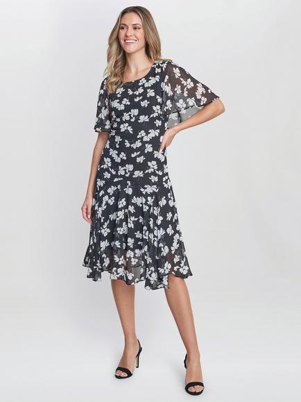 Gina Bacconi Annette Floral Chiffon Dress, Black/White, Black/White